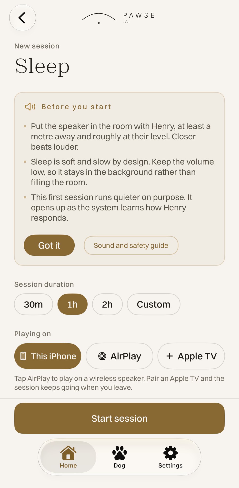 New session screen for Sleep, showing a Before you start note, a 30m, 1h, 2h or custom duration picker, a playback target picker, and a Start session button.