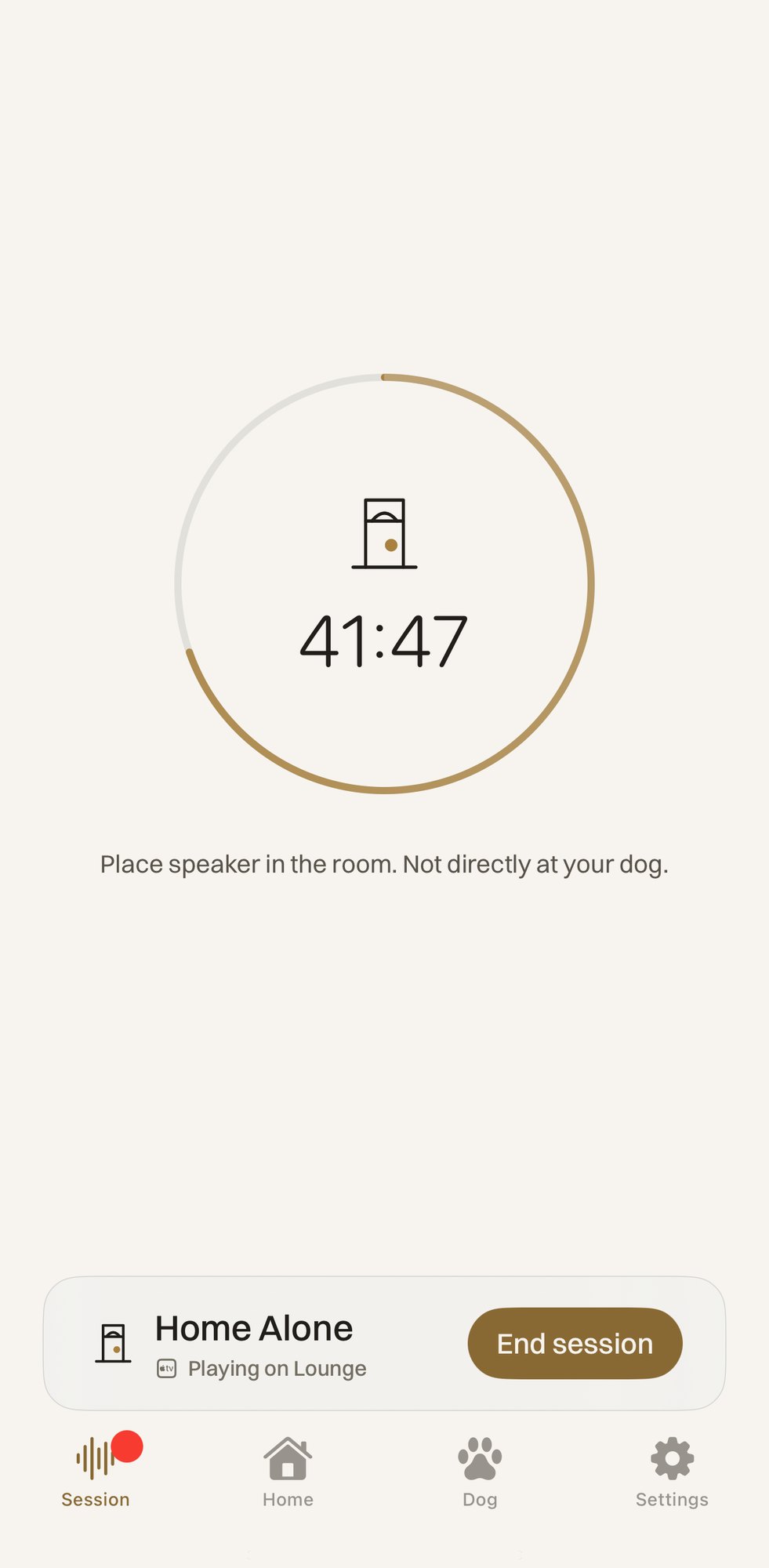 A Home Alone session playing on the Apple TV named Lounge, with the time left in a ring and an End session button.
