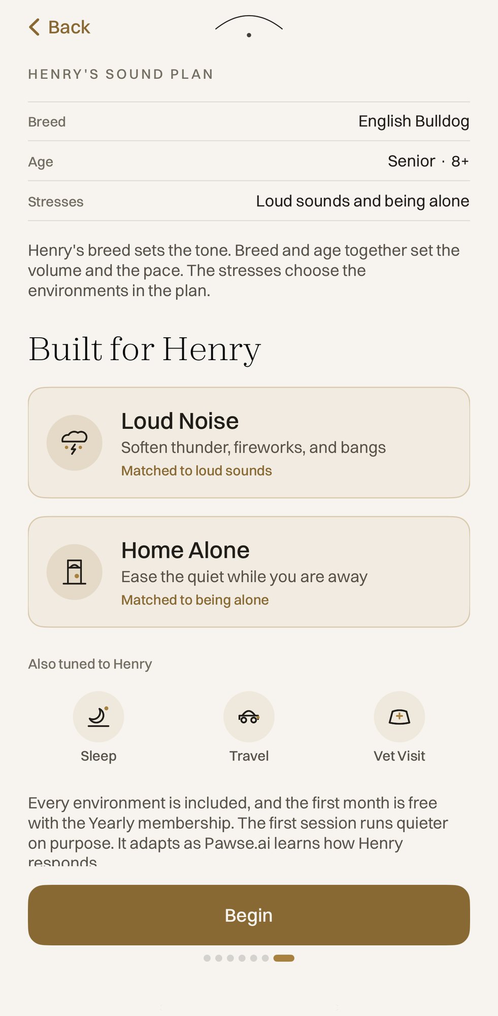 Henry's sound plan in Pawse.ai. It reads back his breed, age and stresses, lists Loud Noise and Home Alone, each matched to one of his stresses, and shows Sleep, Travel and Vet Visit as tuned to him too.
