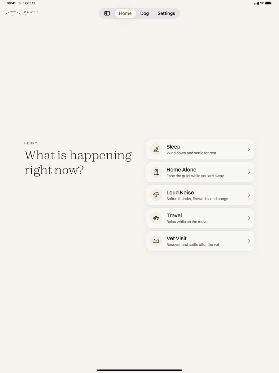 Pawse.ai on iPad, with the question on the left and the five environments listed on the right