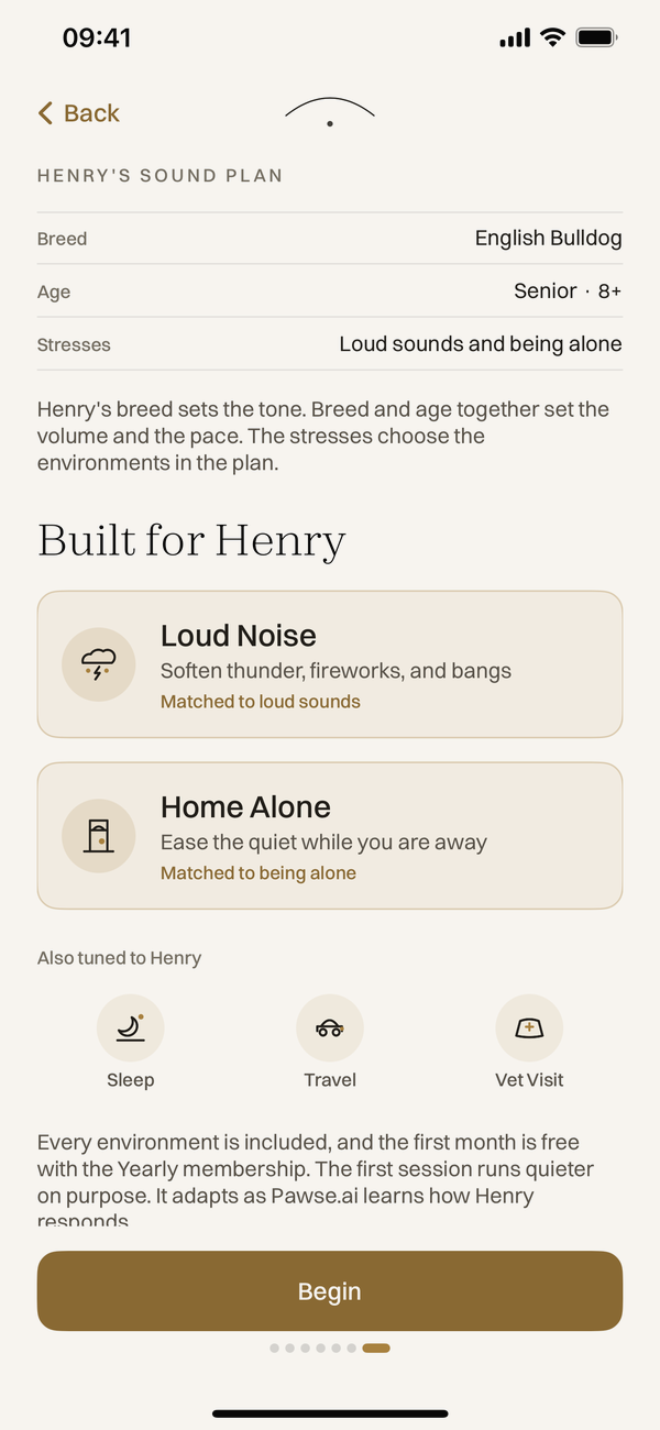 The last step of setup, the dog's sound plan, with the environments matched to the dog's stresses and the rest tuned to the dog as well