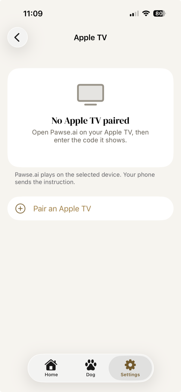 Apple TV pairing screen on iPhone with a Pair an Apple TV button