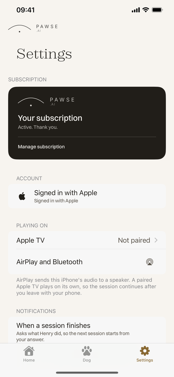 Settings in Pawse.ai on iPhone, with the Apple TV row under Playing on reading Not paired