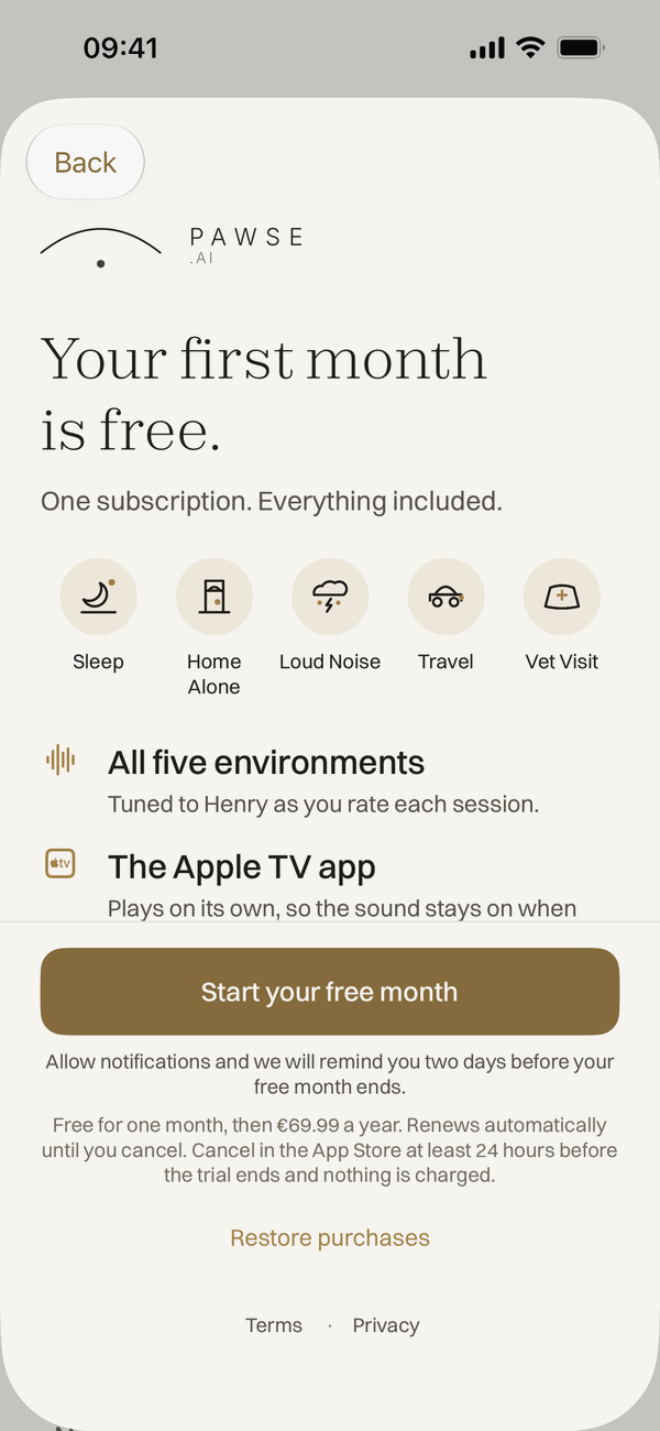 The subscription page in Pawse.ai, reading Your first month is free, with the five environments, what is included, and a Start your free month button