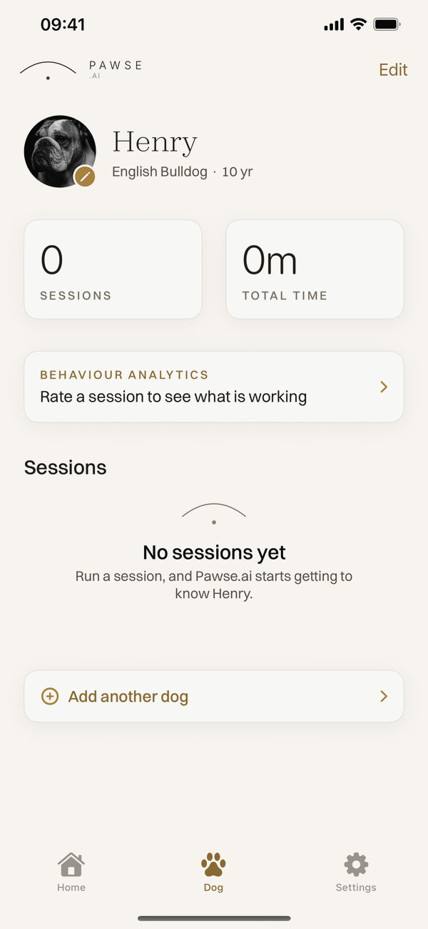 The Dog tab in Pawse.ai showing the dog's photo, name, breed and age, and its session count