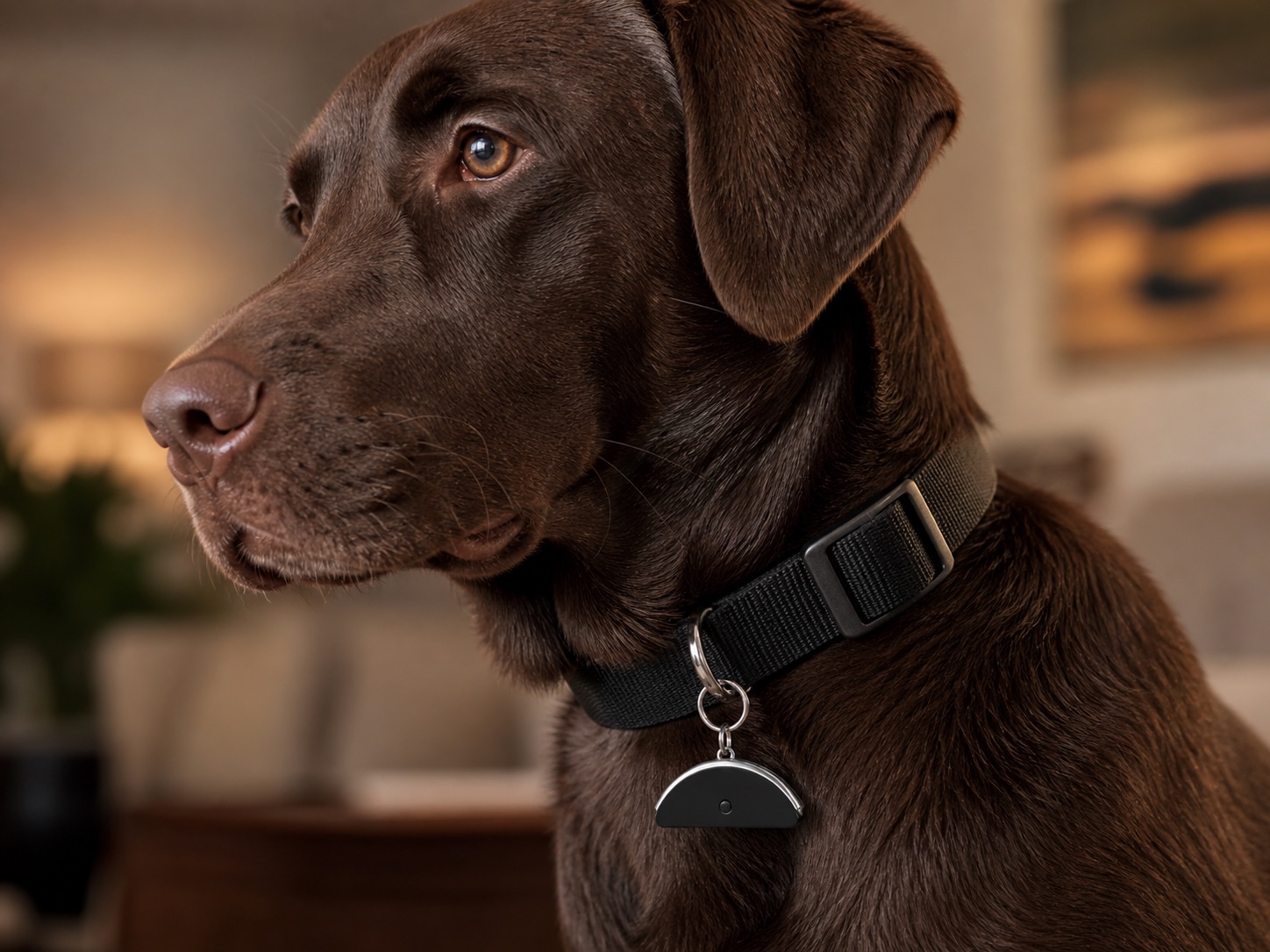 A chocolate Labrador wearing the Pawse.ai Tag clipped to its collar at home.